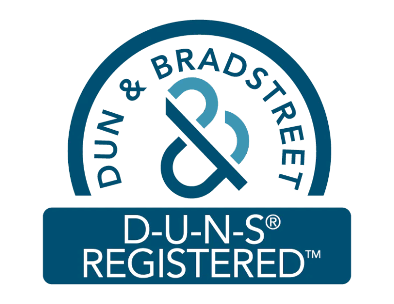 A blue Dun & Bradstreet logo with an ampersand in the center and the words DUN & BRADSTREET above. Below, a blue box displays D-U-N-S® REGISTERED™ in white text.