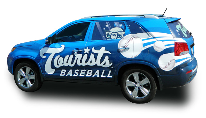 Asheville Tourists blue vehicle wrap