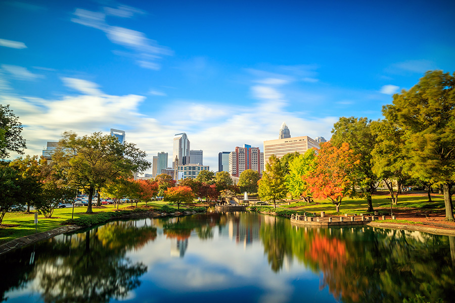 A city skyline with modern buildings rises behind a park with vibrant green and autumn-colored trees, all reflected in a calm pond under a bright blue sky with light clouds.