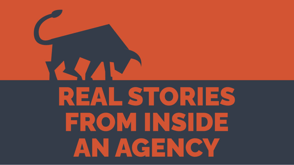 A stylized black bull with a long tail and downward-facing horns stands on a two-tone orange and black background. Bold orange text below reads REAL STORIES FROM INSIDE A MARKETING AGENCY PODCAST IN ASHEVILLE, NORTH CAROLINA.