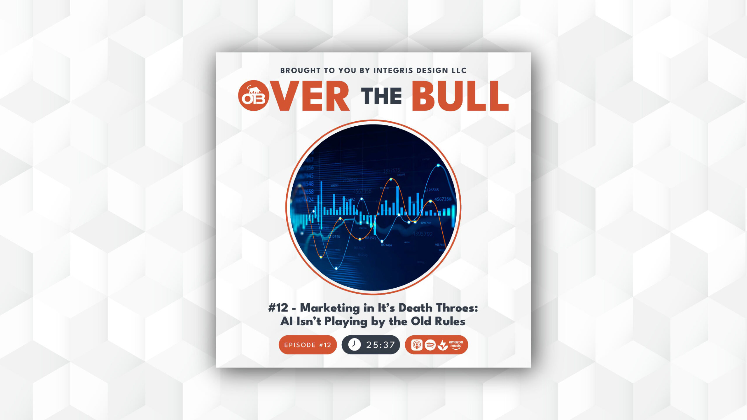 Podcast cover for Over The Bull. Central image shows a digital graph with blue and orange lines. Text: #12 - Marketing in Its Death Throes: AI Isn’t Playing by the Old Rules. Episode length is 25:37.