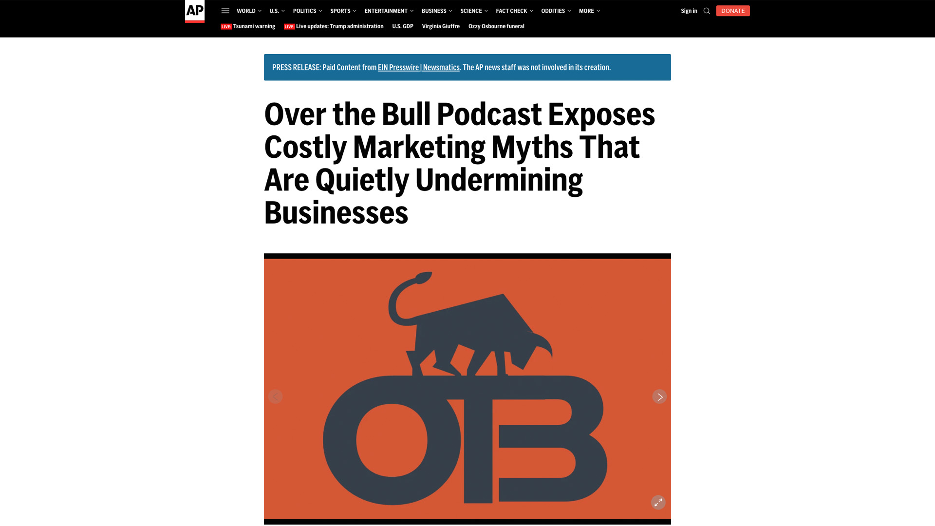 Screenshot of a news article titled “Over the Bull Podcast Exposes Costly Marketing Myths That Are Quietly Undermining Businesses,” featuring a graphic of a bull standing on large letters “OB” on an orange background.