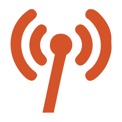 An orange icon of a radio tower with three curved lines on each side, symbolizing wireless signal or broadcast transmission—perfect for a business marketing podcast.