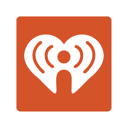 A white heart-shaped icon with radio waves and a central dot, resembling a person, symbolizes a business marketing podcast on an orange square background.