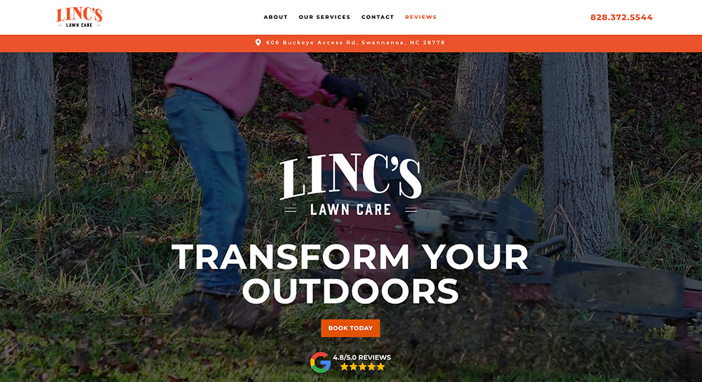A person using a red lawn mower on tall grass, with the Lincs Lawn Care logo and the text Transform Your Outdoors overlaid. Includes contact info, a Book Today button, and a subtle nod to our Web Design Services for your landscaping business.