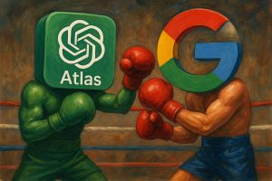 Two cartoon boxers in a ring, one with the OpenAI Atlas logo for a head and the other with the Google logo, both wearing red boxing gloves, facing off as if in a competitive match.
