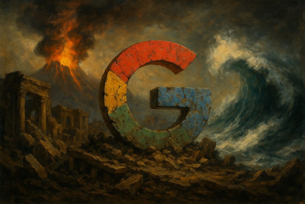 A large, weathered Google G logo stands amid crumbling ruins, with an erupting volcano and a massive wave in the background, suggesting chaos and destruction.
