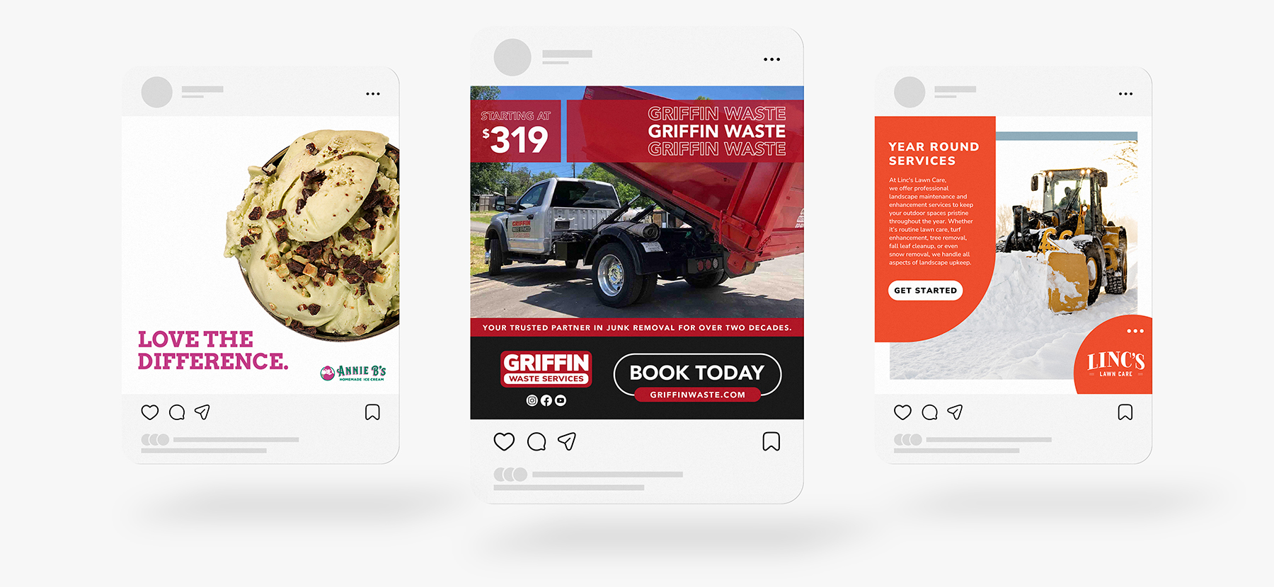 Three social media posts: one with a close-up of chocolate chip cookies and Love the Difference text, one advertising Griffin Waste waste removal with a red dumpster truck, and one showing snow removal services with a loader clearing snow.