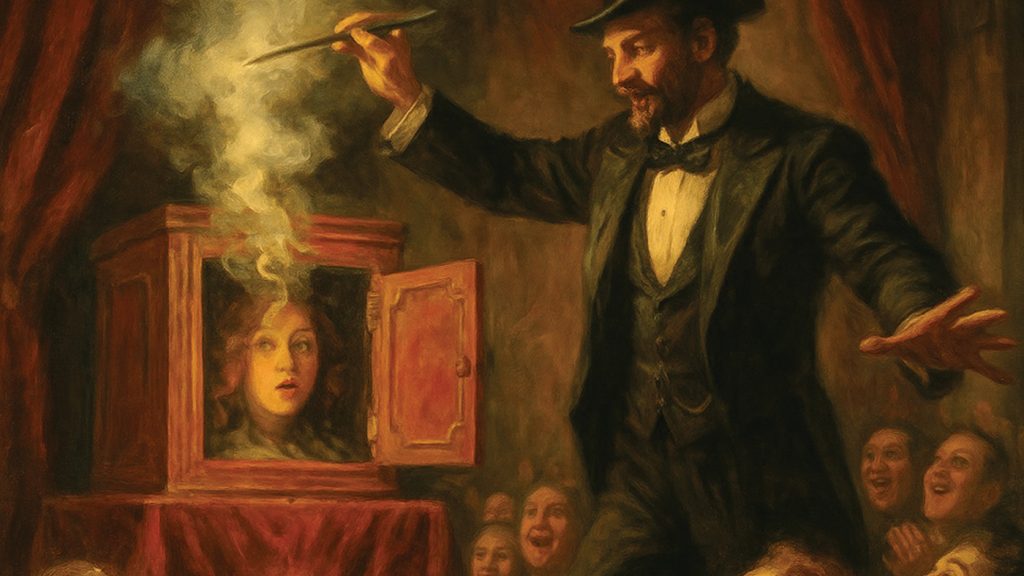 A magician in a suit and top hat performs on stage, holding a wand over a box with an open door, revealing a surprised womans head inside as amazed audience members watch.