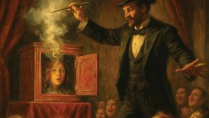 A magician in a suit and top hat performs on stage, holding a wand over a box with an open door, revealing a surprised womans head inside as amazed audience members watch.