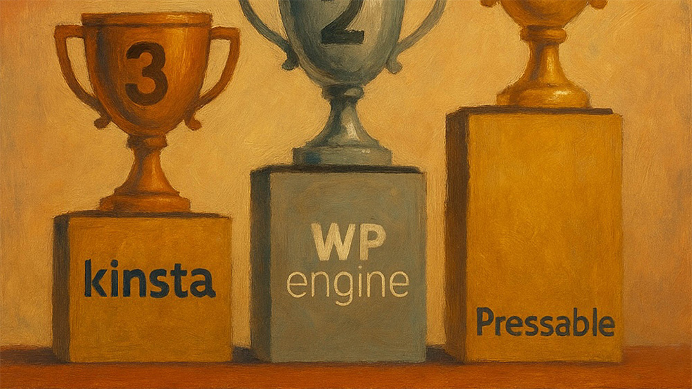 Three trophy pedestals labeled kinsta (3rd), WP engine (2nd), and Pressable (1st) with corresponding bronze, silver, and gold trophies on top.