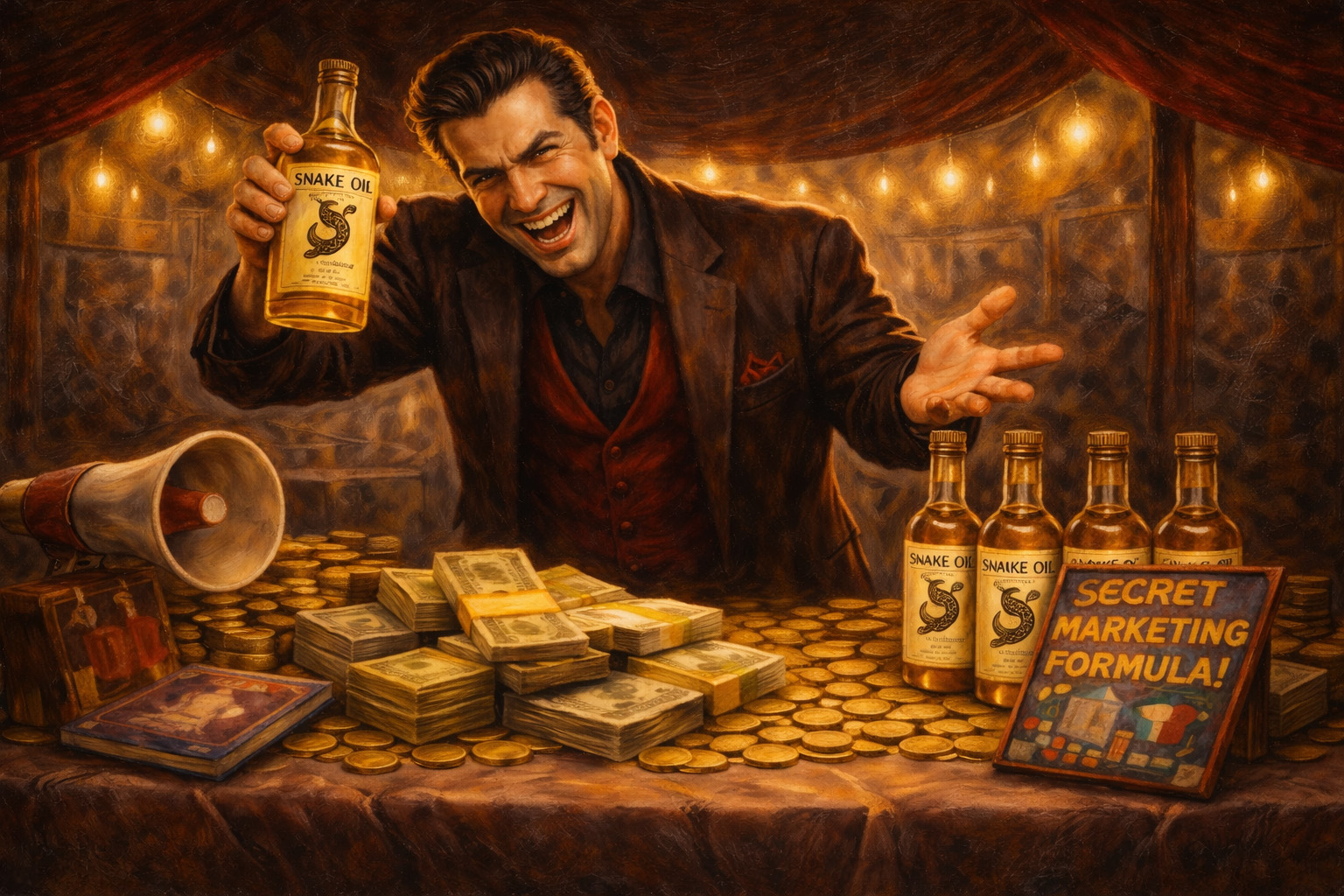 A slick salesman grins behind a table full of gold coins, cash, bottles labeled Snake Oil, and a book titled Secret Marketing Formula! String lights hang overhead, creating a dramatic, enticing atmosphere.