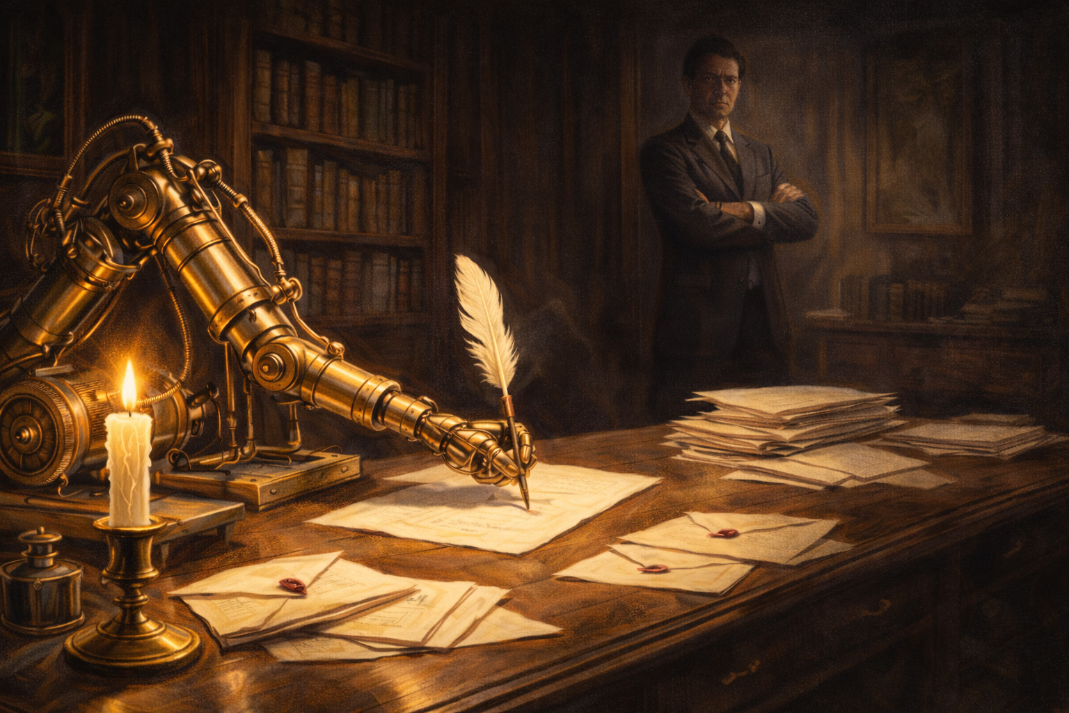 A brass robotic arm writes with a quill at a candlelit wooden desk covered in papers and sealed envelopes, while a man in a suit stands in the background in a dimly lit, book-filled study.