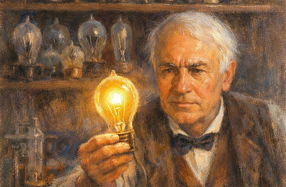 An elderly man with white hair and a bow tie holds a glowing light bulb, looking at it intently. Vintage glass bulbs line the shelves behind him, creating a warm, historical atmosphere.