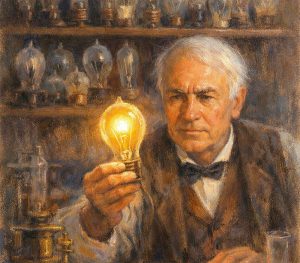 An older man with white hair holds a glowing light bulb in his hand, surrounded by glass bulbs and scientific equipment on shelves in the background, suggesting a scene of invention and discovery.