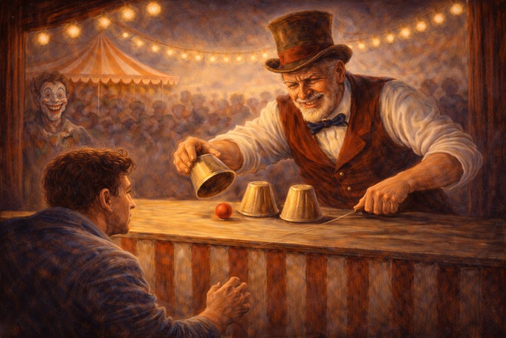A carnival scene with a smiling man in a top hat performing a shell game for a focused player. Strings of lights and a tent are in the background, with a clown and a crowd watching.