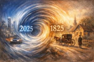 A swirling vortex separates 2025, shown with a city and car, from 1825, shown with a horse-drawn carriage, a person in old-fashioned clothing, a church, and a country house.