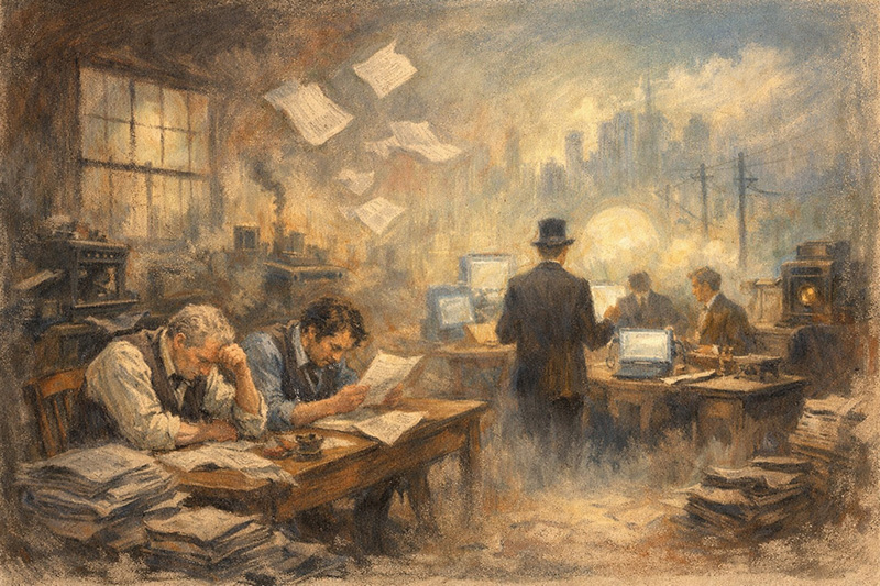 An impressionist-style painting of a busy newsroom with several people reading and writing at desks, scattered papers, vintage typewriters, and a cityscape visible through a large window in the background.