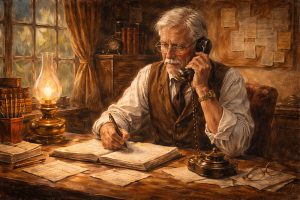 An elderly man with gray hair and glasses sits at a wooden desk, writing in a large book while talking on a vintage telephone. The room is warmly lit by an oil lamp, with papers and books scattered around.
