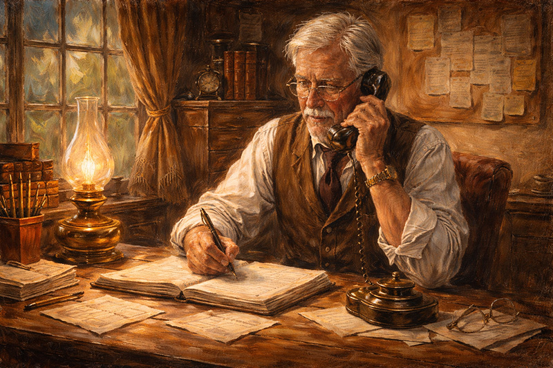 An elderly man with gray hair and glasses sits at a wooden desk, writing in a large book while talking on a vintage telephone. The room is warmly lit by an oil lamp, with papers and books scattered around.