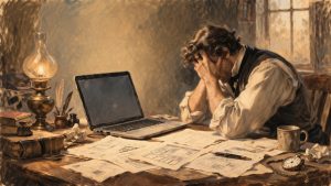 A man sits at a cluttered desk with his head in his hands, looking stressed. Papers, a laptop, books, and a lamp are on the desk. Sunlight filters through a window, casting a warm glow over the vintage-style scene.