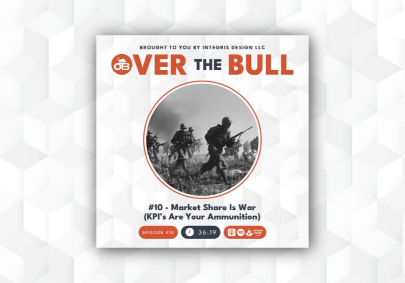 A podcast cover features soldiers running in a battlefield, overlaid with text: OVER THE BULL, episode #10 titled Market Share Is War (KPIs Are Your Ammunition), with a 36:19 duration and company branding.