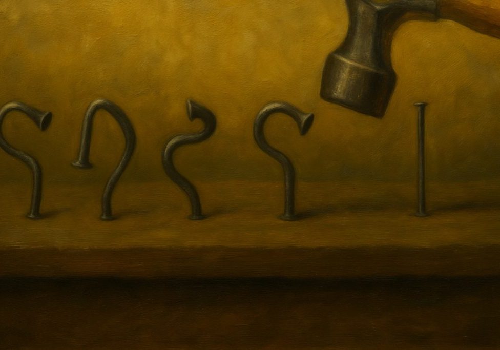 A row of bent nails stands upright on a wooden surface, beside a single straight nail, with a hammer positioned above them, ready to strike. The background is a muted yellow-brown.