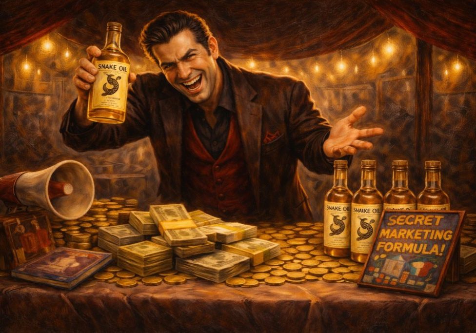 A slick salesman grins behind a table full of gold coins, cash, bottles labeled Snake Oil, and a book titled Secret Marketing Formula! String lights hang overhead, creating a dramatic, enticing atmosphere.
