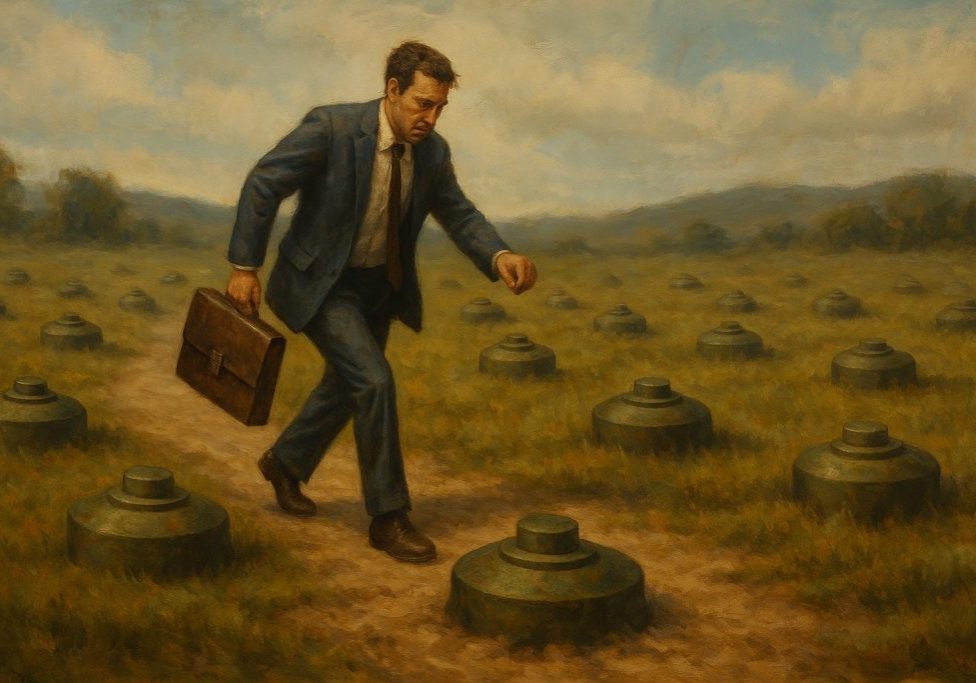 A worried man in a business suit carrying a briefcase carefully walks along a path surrounded by large landmines in a grassy field under a cloudy sky.