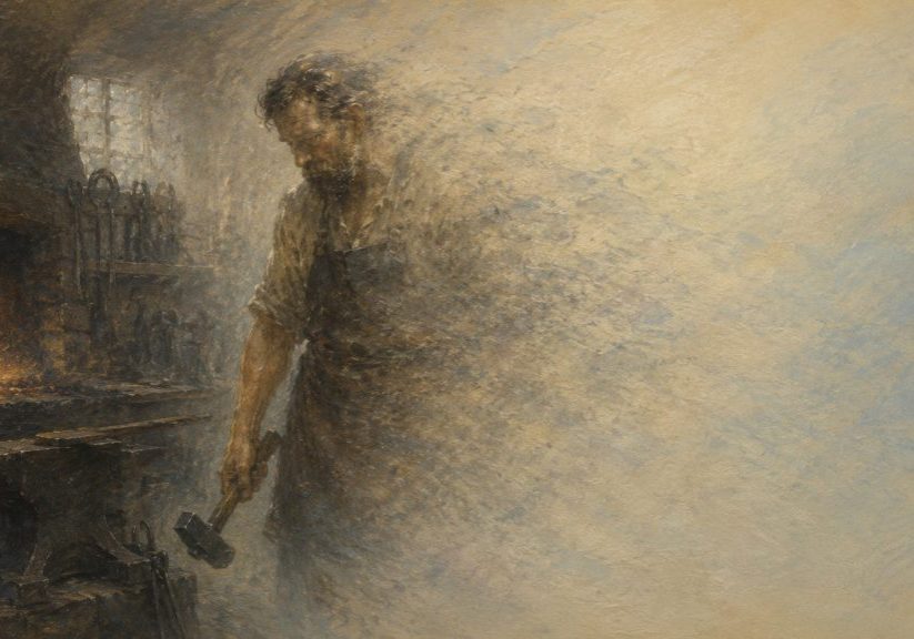 A blacksmith stands by an anvil holding a hammer, with a glowing forge in the background. His figure appears to fade and blur into the textured, light-colored surroundings, creating an ethereal, dreamlike effect.
