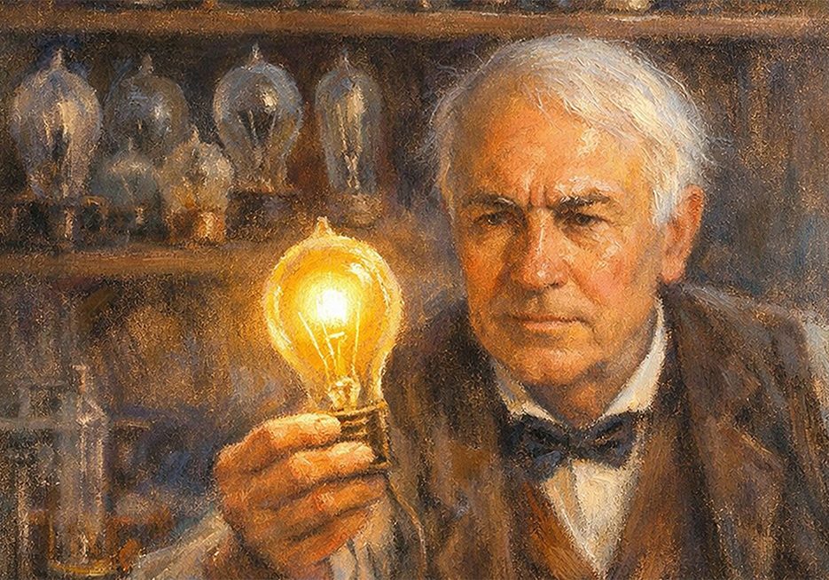 An elderly man with white hair and a bow tie holds a glowing light bulb, looking at it intently. Vintage glass bulbs line the shelves behind him, creating a warm, historical atmosphere.
