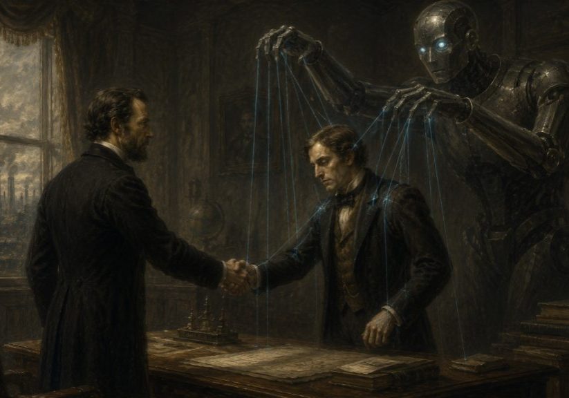 A robot with glowing eyes controls a man with strings like a puppet, as the man shakes hands with another in a 19th-century office with industrial scenes outside the window.