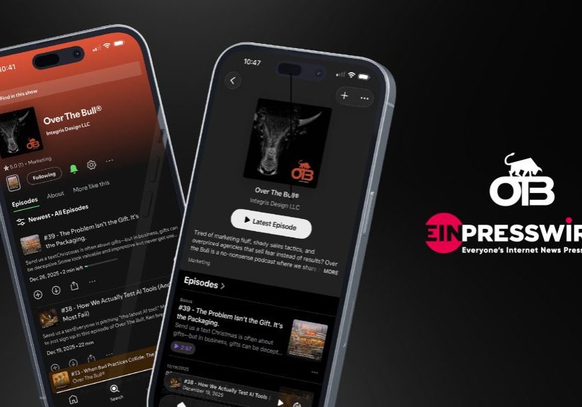 Two smartphones display the Over The Bull podcast interface, showing episodes and episode details. To the right, the OTB logo and EIN Presswire logo appear on a black background.