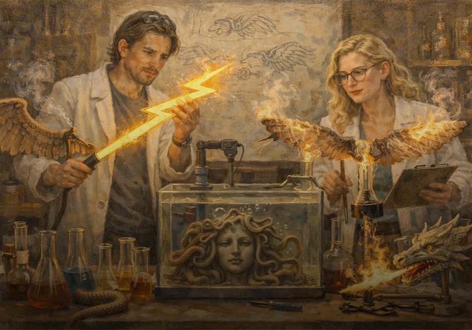 Two scientists in lab coats conduct experiments with mythical objects: a man holds a lightning bolt and a golden wing, while a woman holds a clipboard and a flaming phoenix. Medusa’s head and a dragon are on the table amid beakers.