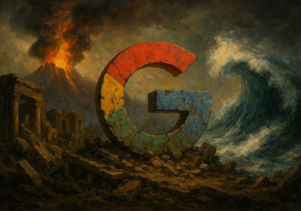 A large, weathered Google G logo stands amid crumbling ruins, with an erupting volcano and a massive wave in the background, suggesting chaos and destruction.