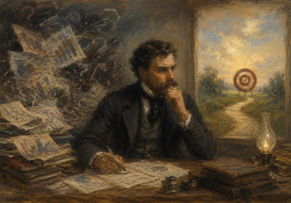 A man in old-fashioned clothing sits at a desk covered with papers and books, thinking deeply. Behind him, papers swirl chaotically, while outside a window, a clear path leads to a distant target under a bright sky.