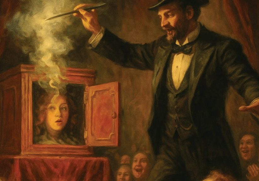 A magician in a suit and top hat performs on stage, holding a wand over a box with an open door, revealing a surprised womans head inside as amazed audience members watch.