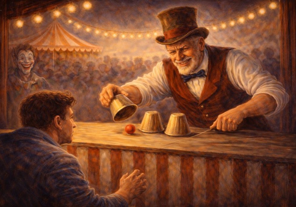 A carnival scene with a smiling man in a top hat performing a shell game for a focused player. Strings of lights and a tent are in the background, with a clown and a crowd watching.