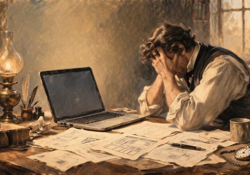 A man sits at a cluttered desk with his head in his hands, looking stressed. Papers, a laptop, books, and a lamp are on the desk. Sunlight filters through a window, casting a warm glow over the vintage-style scene.