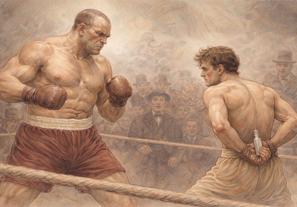 Two boxers face off in a vintage boxing ring, one muscular and intense, the other lean and holding a small object behind his back, with a crowd of spectators in old-fashioned clothing watching intently.
